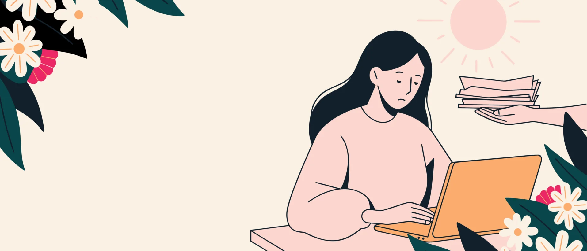 Illustration : une femme referme son ordinateur à son bureau pendant qu'une main lui tend une pile de dossiers supplémentaires.