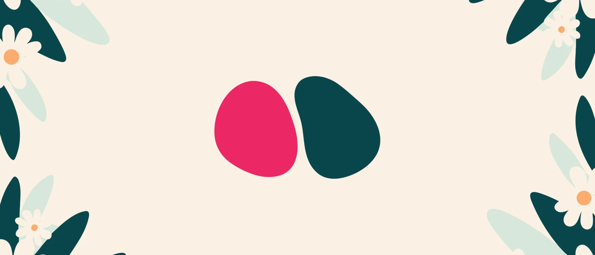 Illustration abstraite : deux formes arrondies, l'une framboise l'autre vert sapin, séparées par un espace net sur fond crème.